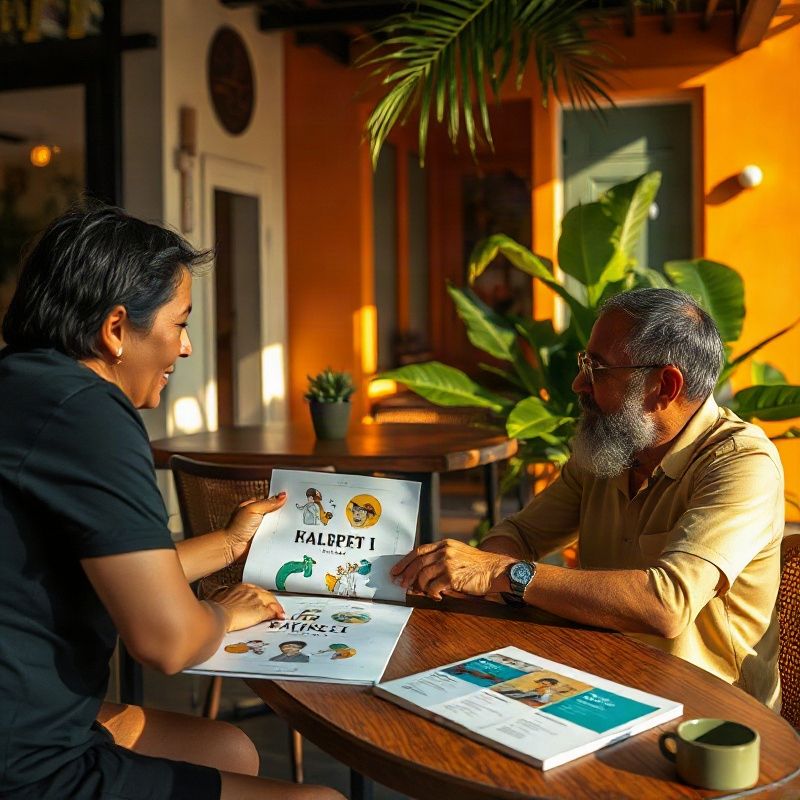 Designer apresentando pranchas de marca ilustradas a uma pequena empresária em mesa de café em Porto Alegre