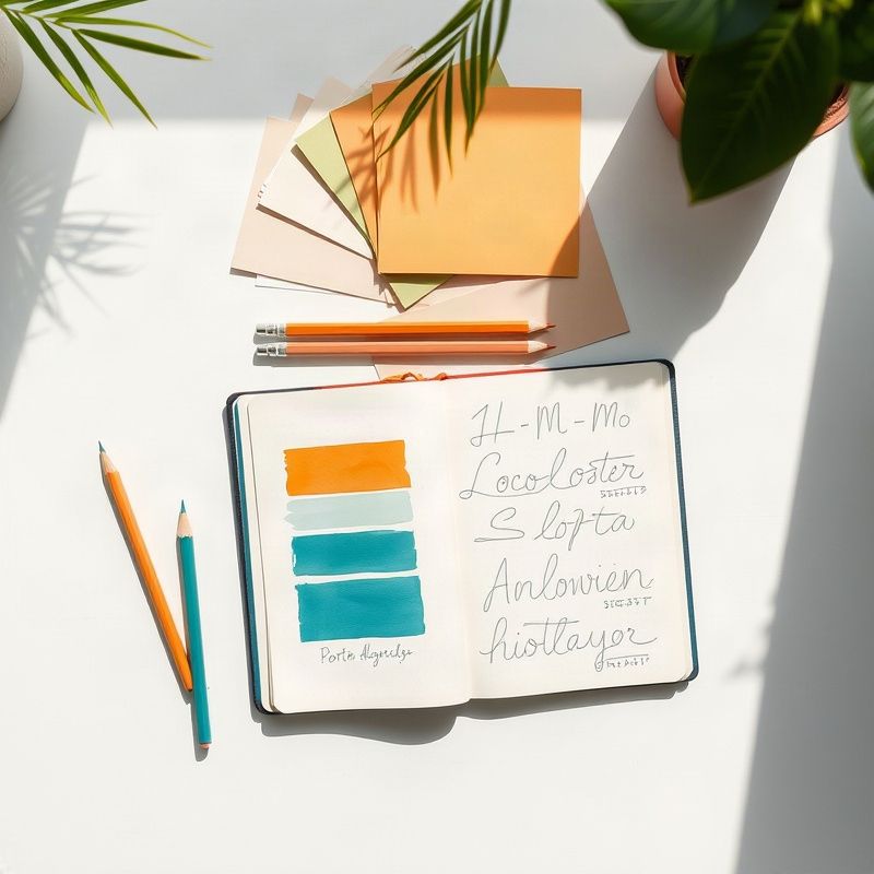 Ferramentas de design — lápis, amostras de cor e caderno com estudos de logotipo — sobre superfície branca