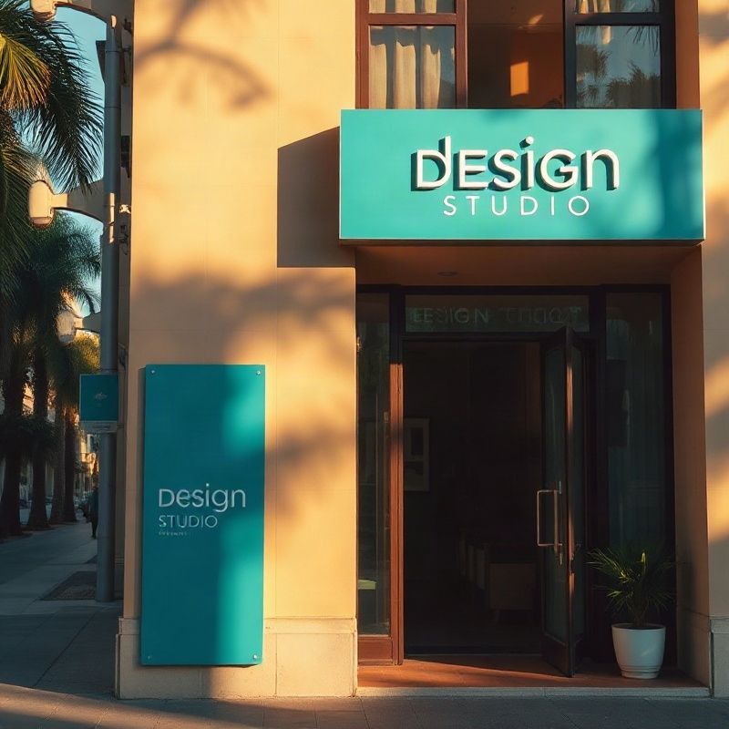 Fachada do estúdio de design na Rua dos Andradas, centro de Porto Alegre, com detalhe em teal e luz de fim de tarde