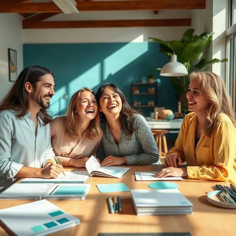 Retrato descontraído de três designers ao redor de uma mesa com esboços e amostras de cor teal